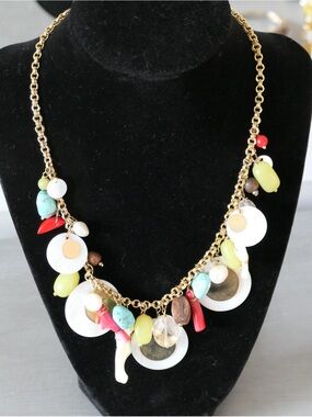 Gold Tone Chain Multi-Color Charm Necklace - White, Turquoise & Red Accents